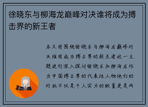 徐晓东与柳海龙巅峰对决谁将成为搏击界的新王者